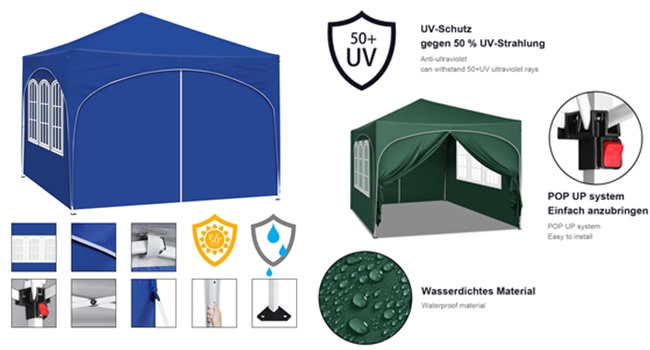 WOLTU Tonnelle De Jardin. Pergola Pliante 3x3m Avec 4 Parois Latérales. Hauteur Réglable. Imperméable. Protection De UV. Bleu 12 PVL