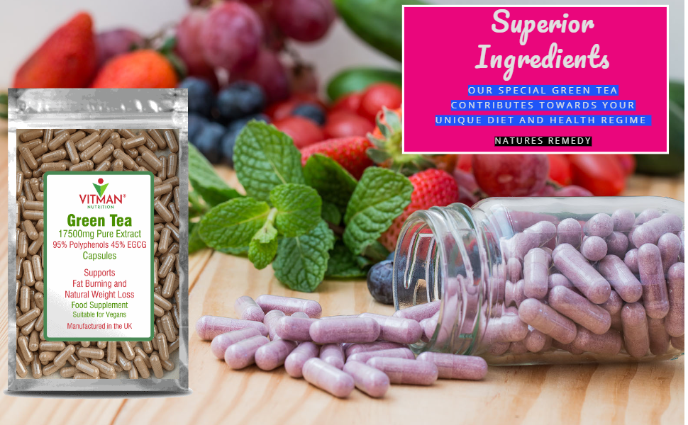 green tea capsules next to fruit 