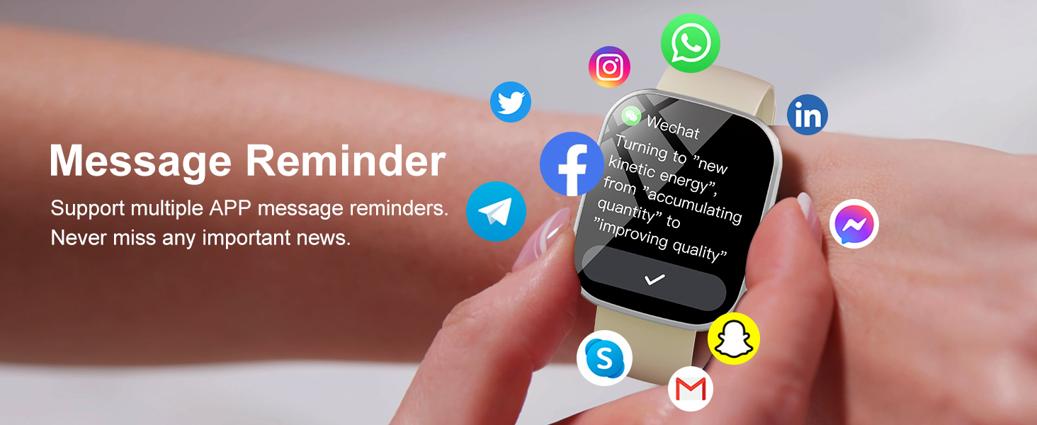 스마트워치는 디지털 시계 모드 인터페이스에서 스크롤되는 소셜 미디어 앱 아이콘을 통해 메시지 알림 기능을 제공합니다.