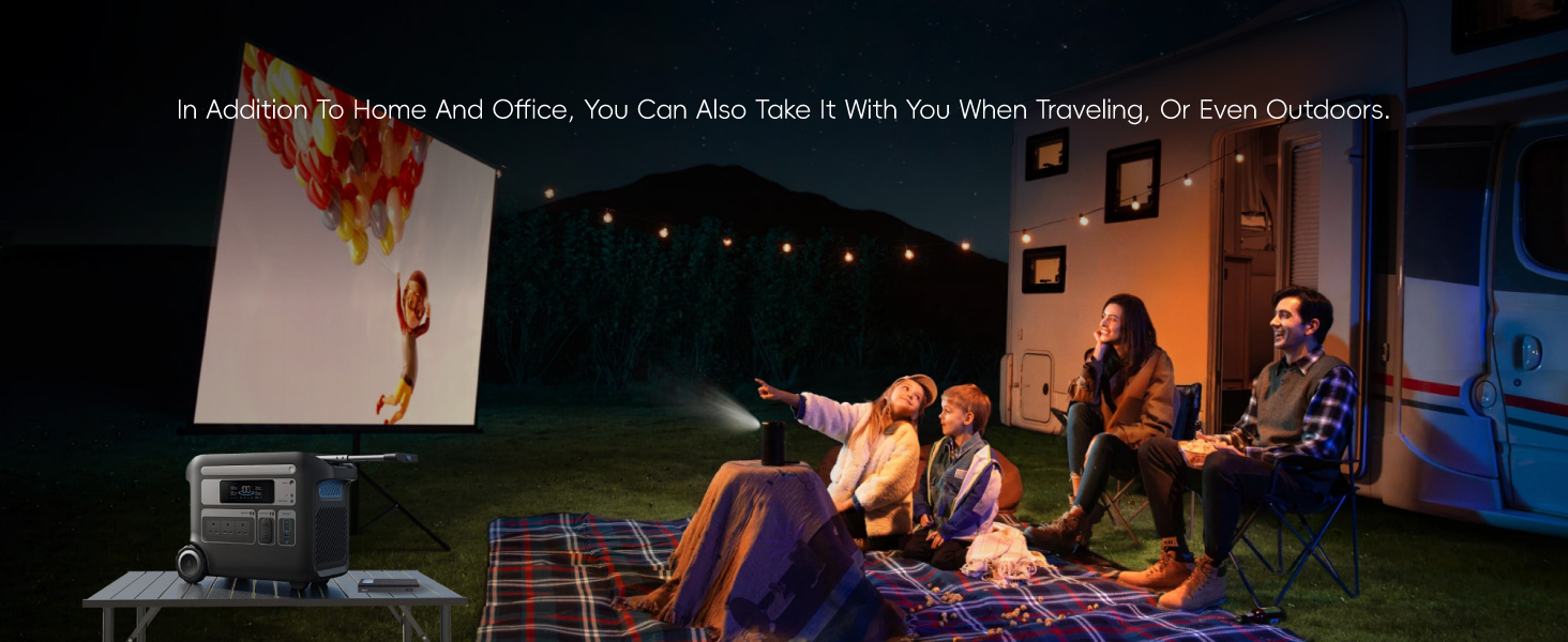 Outdoor movie night setup with projector, screen, and people sitting on blankets. String lights and house visible in background. Projected image shows a figure with flames.