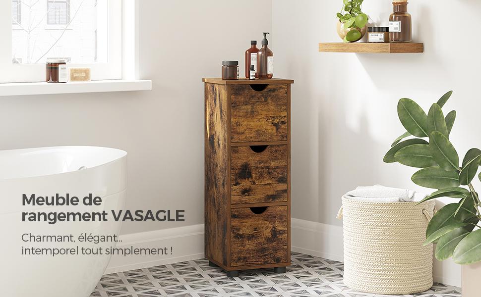 VASAGLE Meuble De Salle De Bain, Armoire De Rangement, Tour à 3 Tiroirs, Placard 3 Niveaux, Colonne, 30 X 30 X 80 Cm, Pour Salle De Bain, Salon, Chambre, Cuisine, Marron Rustique Par SONGMICS BBK150X0 13 1