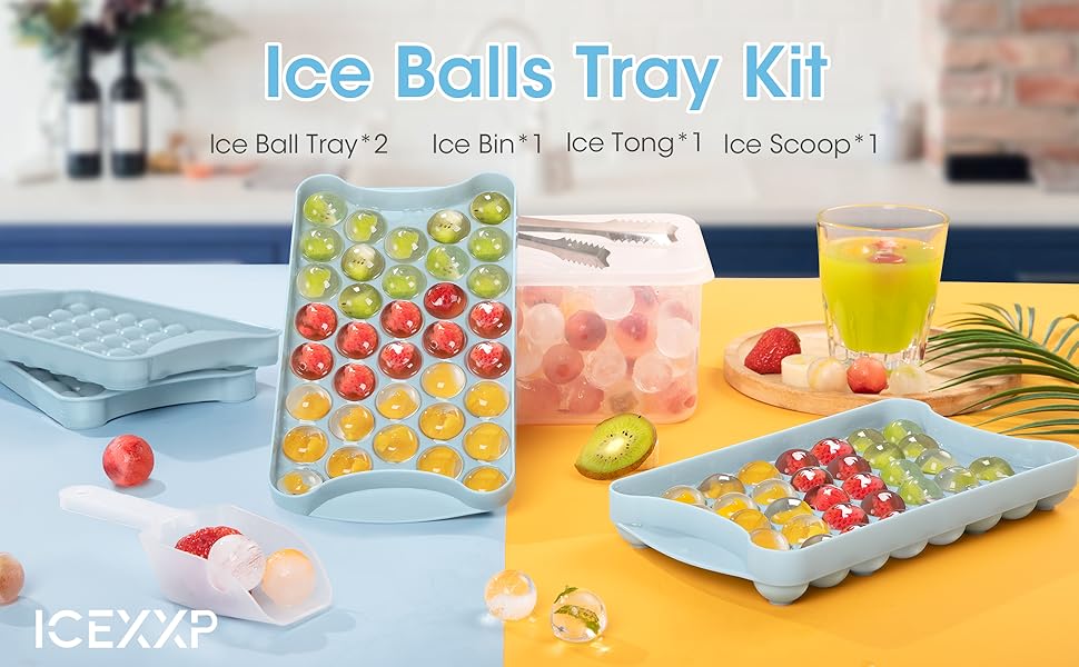 ICEXXP Round Ice Cube Trays with Lid & Storage Bin 2 Pack