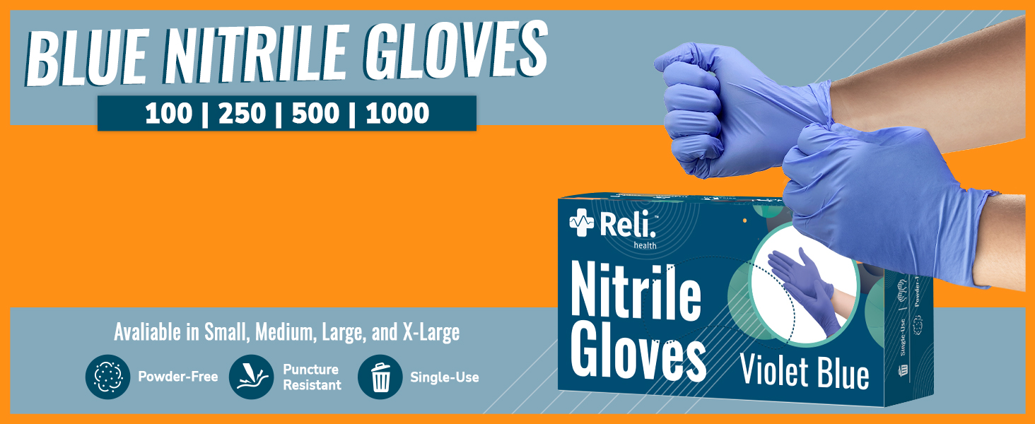 Blue Nitrile Gloves Carousel Image. Available in 100, 250, 500, 1000 in all Sizes