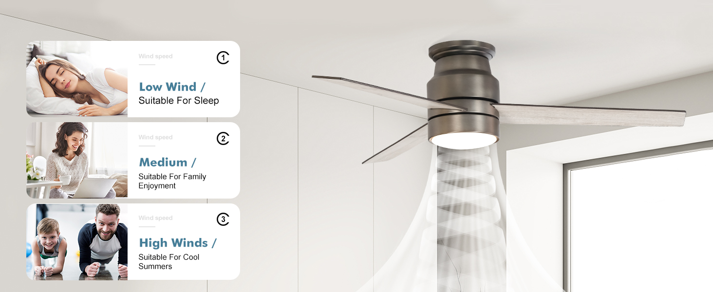 Flush Mount Ceiling Fan with Lights Remote Control, 52Inch, Antique Nickel, 3