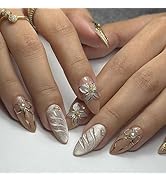 IMRAIN Press on Nails Medium Almond Fake Nails with Golden Bow Designs Full Cover Nude Glitter Ac...