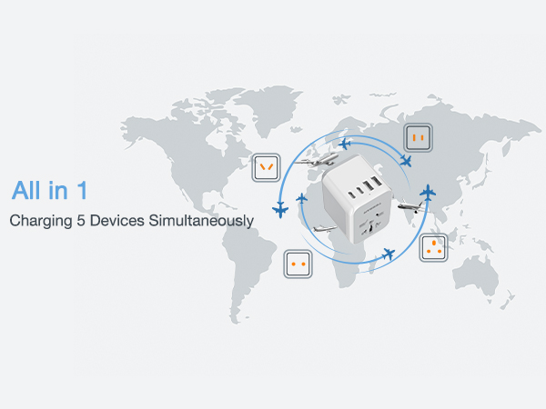 World map diagram showcasing a multi-device charging hub, illustrating simultaneous charging capability for 5 devices across different global regions.