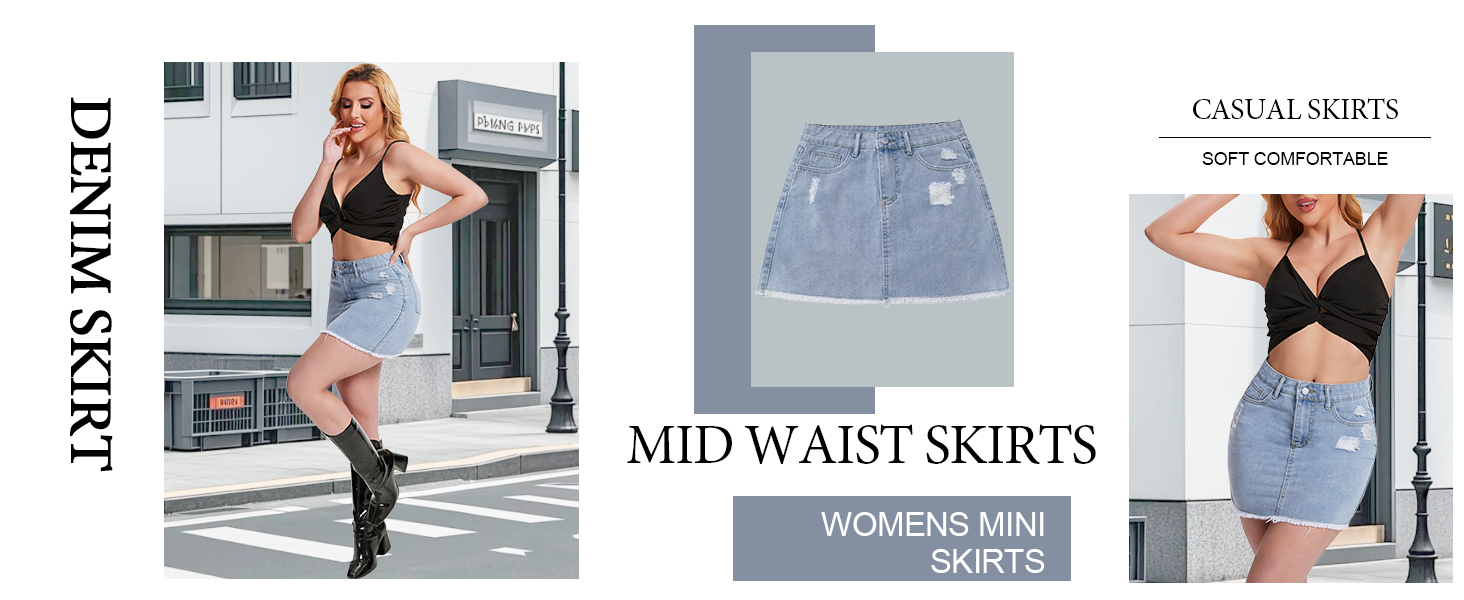 Womens Mini Denim Skirt Casual Ripped Mid Waist Jeans Skirts for Women Frayed Raw Hem Denim Skirts