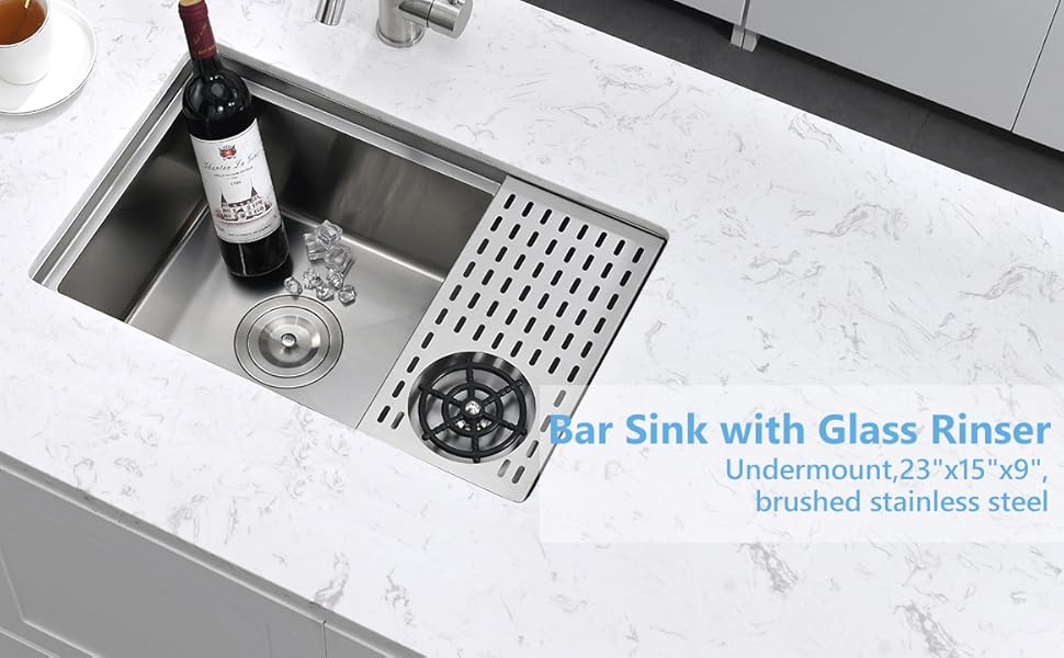 23 Undermount Stainless Steel Kitchen Bar Sink With Glass Rinser, Scamall 23x15 Inch Undermount