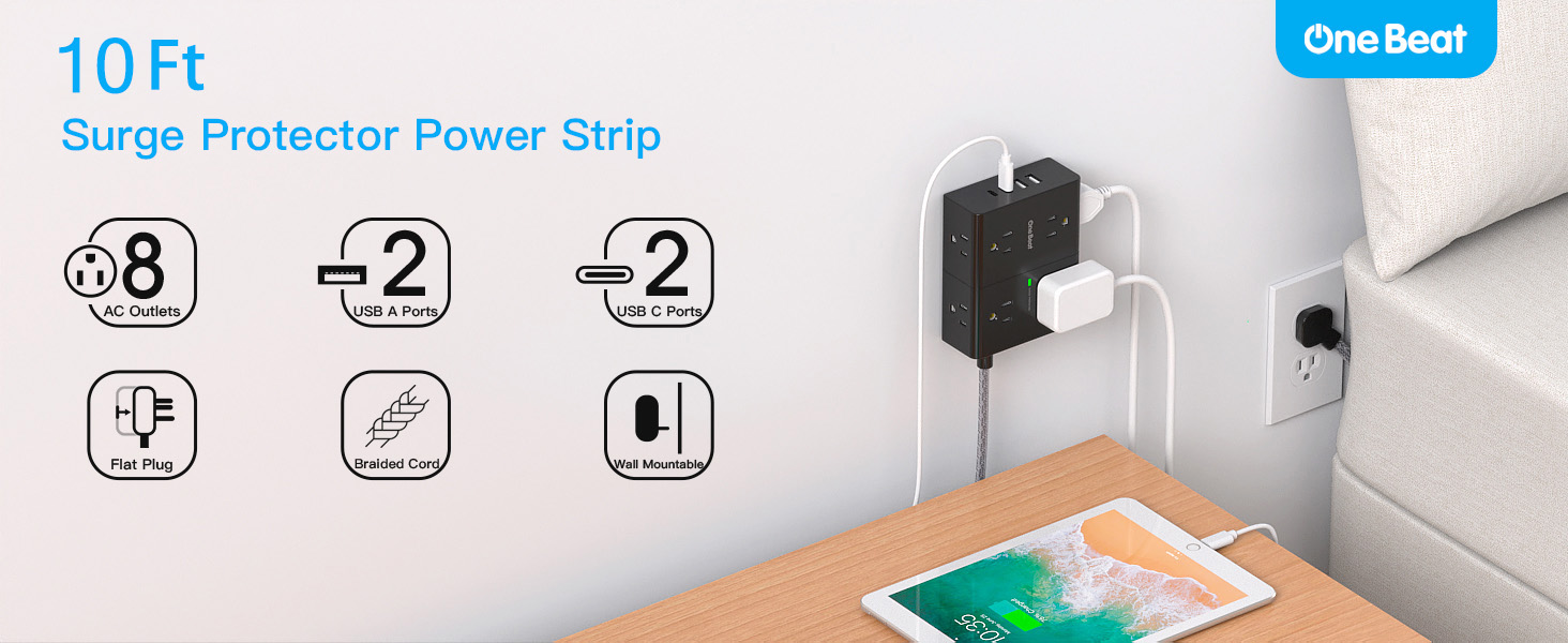 Surge protector power strip 10 ft long cord