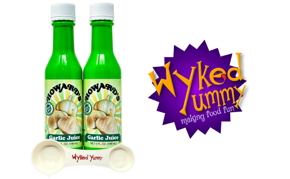 Image of 2 Howard's Garlic Juice with Wyked Yummy Measuring Spoon and Logo