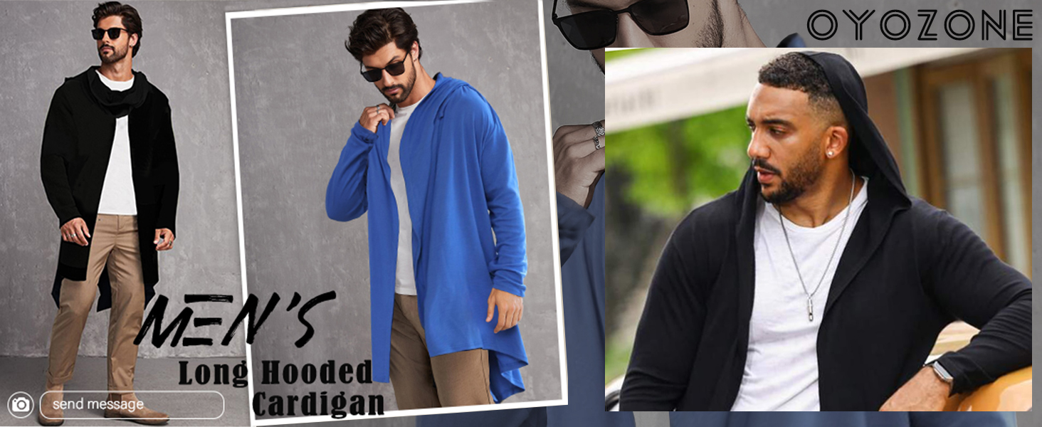 OYOZONE Men's Long Hooded Cardigan Ruffle Shawl Collar Open Front Lightweight Drape Cape Overcoat 