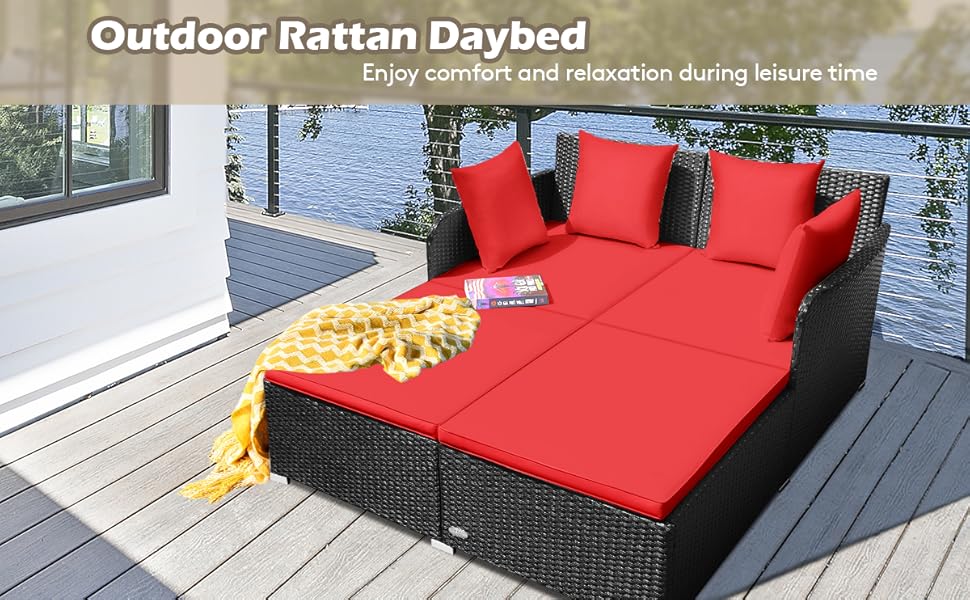 COSTWAY Outdoor Rattan Daybed, Patio Sofa Bed Sun Lounger Couch With Upholstered Cushions, Wicker Weave Loveseat Conversation Furniture Set For Garden Yard And Poolside (Red) 13 1