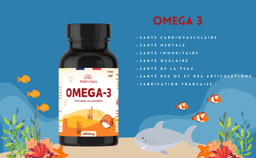 sur fond bleu de l'océan avec des illustrations de coraux et de poissons. Texte français répertoriant les bienfaits pour la santé.