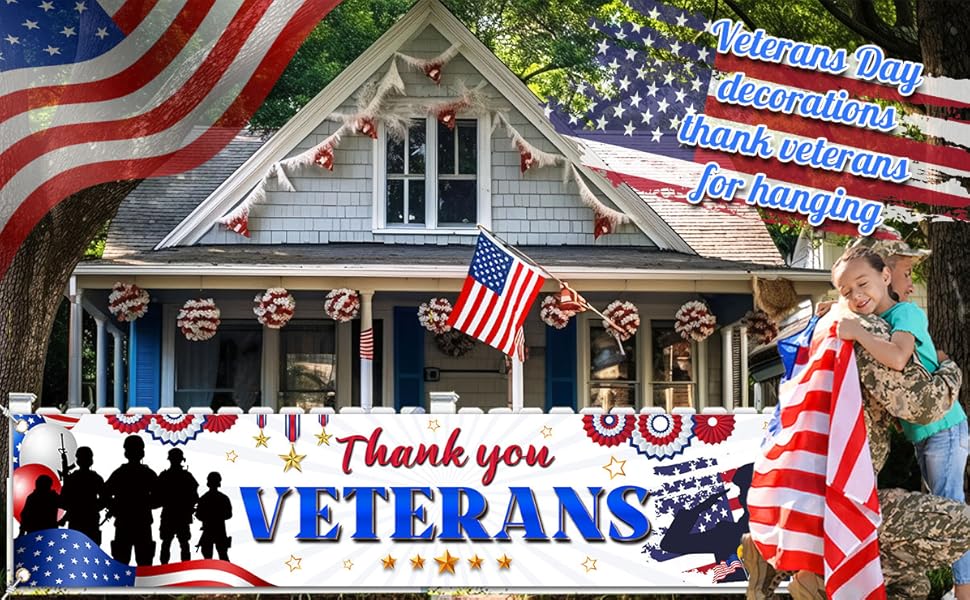 Veterans Day Decorations Banner, Thank You Veterans Hanging Banner Outdoor Yard Sign