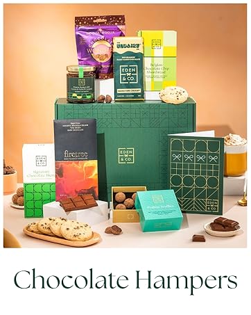 Text reads 'Chocolate Hampers'. Product display featuring various chocolate gift boxes and hampers arranged with decorative packaging in green and gold colors.