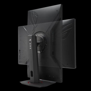 Mehrere Ansichten eines dunklen Computermonitors oder -displays. Zeigt die Vorder-, Seiten- und Rückansicht an und zeigt das schlanke Design, die Montagemöglichkeiten und die Anschlussmöglichkeiten.