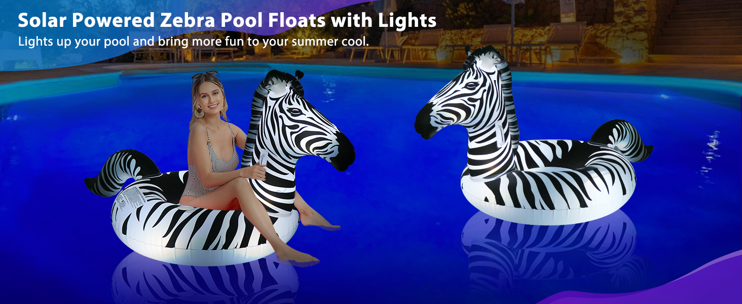 FlyfreeU Inflatable Zebra Pool Float with Lights, Solar