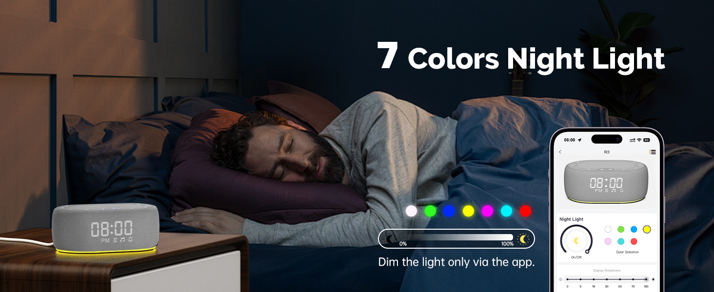 White Noise Machine - 7 Colors Night Light, Dime the light only via the app