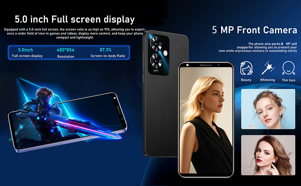 LilCost Note 60 Smartphone, 16GB ROM,128GB Extension,Dual SIM, 5.0'' HD Display with 3500mAh Battery and Dual Camera,Support WiFi/Bluetooth/Face Unlock Android Phone (Black) 18 5.0 inch Full screen display;5 MP Front Camera