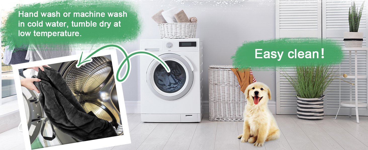 Pet product care instructions showing machine washing guidance, featuring washing machine and cleaning demonstration images.