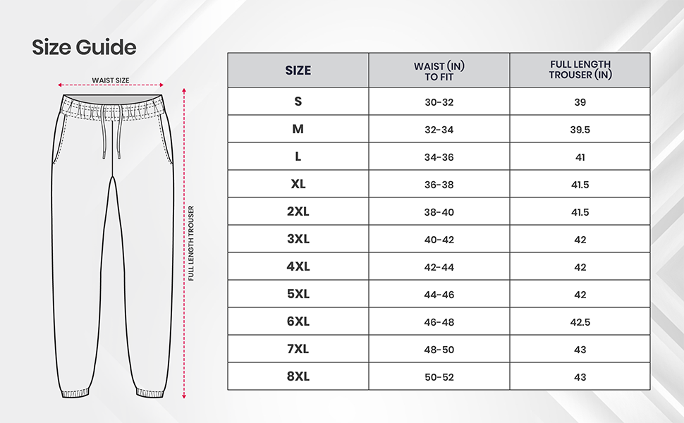 Mens Hem Joggers Size Charts, Fleece Trousers Charts