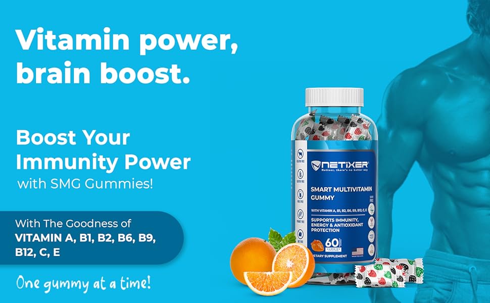 Smart multivitamin gummy bottle with orange slices for daily energy