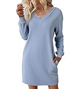 EVALESS Fall Dresses for Women 2025 Fashion V Neck Long Sleeve Summer Mini Dress Solid Casual Bea...