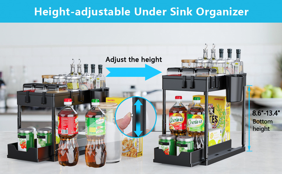 Under Sink Organizers and Storage Adjustable Height Sliding 2Tier