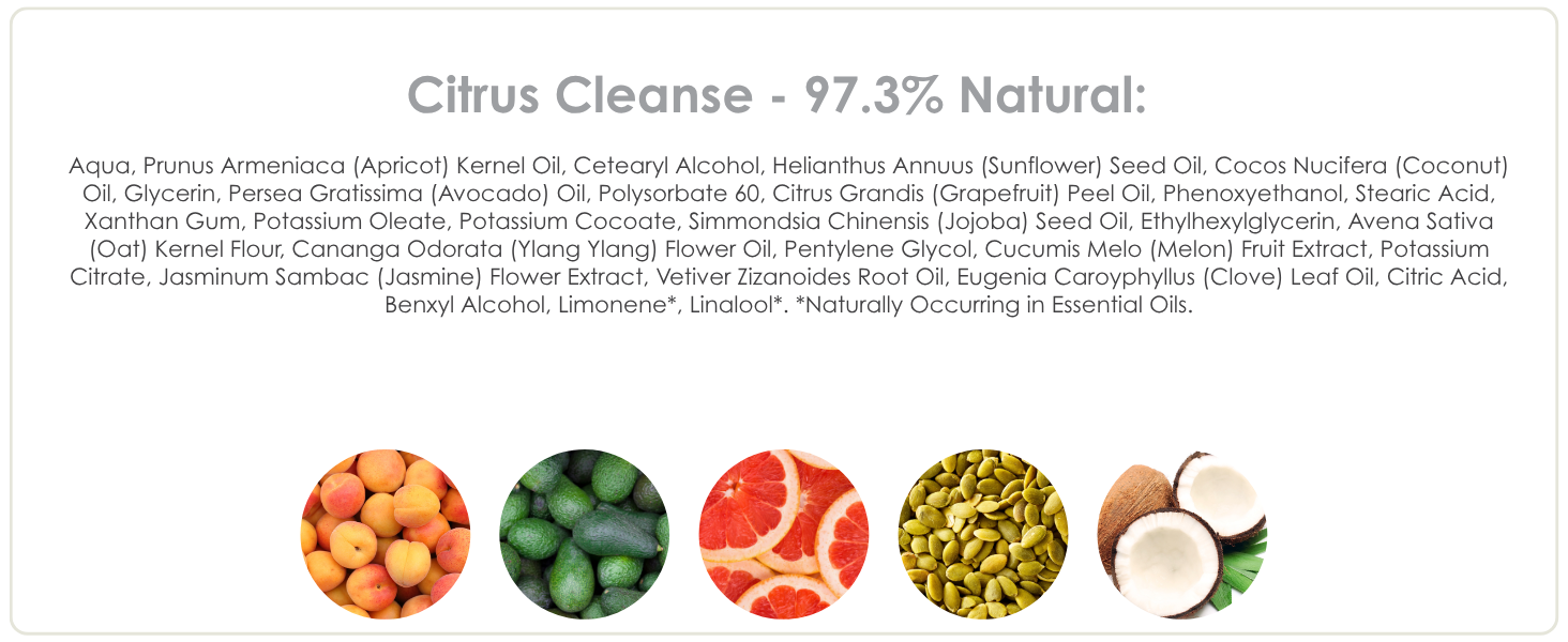 Product ingredient visualization showing five circular icons with different natural ingredients, appears to be for a citrus cleanse product.