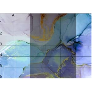 Grid-style artwork divided into sections labeled A-F and 1-6, featuring abstract blue and purple watercolor-like designs.