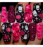 30Pcs Halloween Press on Nails Medium Square Pink Pumpkin Fake Nails with Rhinestones Horror Bar ...