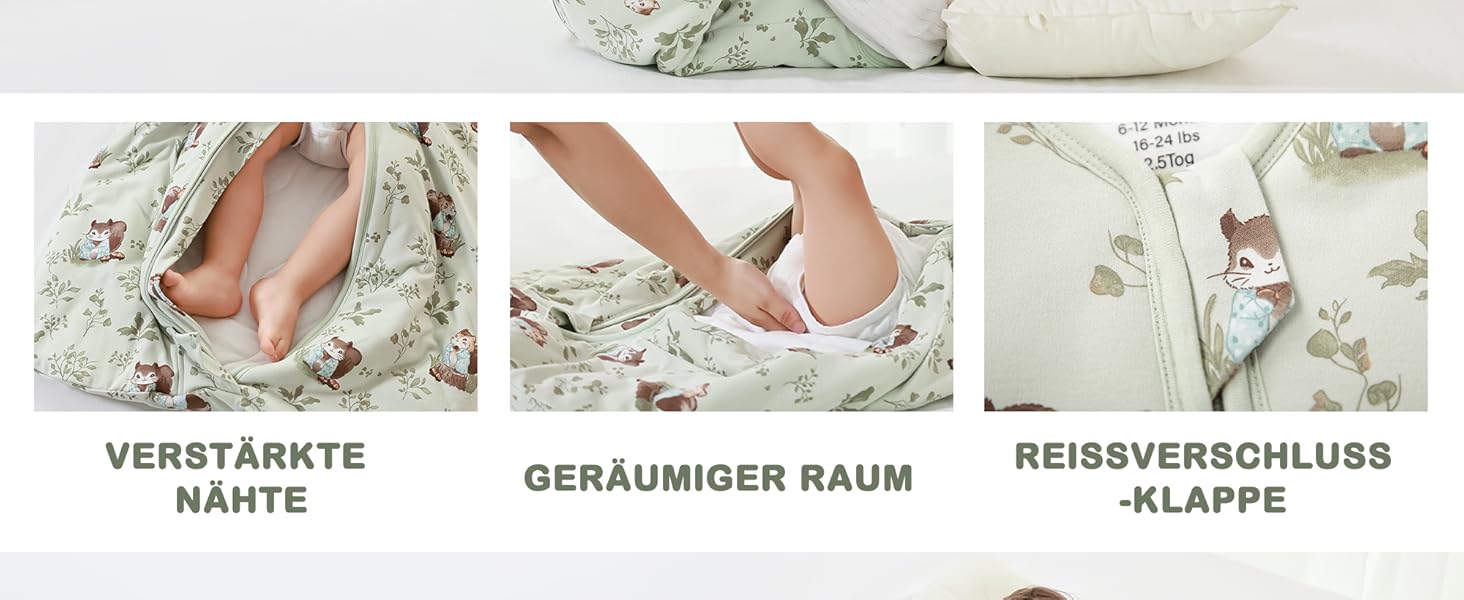 Der Text lautet „VERSTÄRKTE“, „NÄHTE“, „REISSVERSCHLUSS“, „KLAPPE“. Mehrere Produktfotos in Nahaufnahme, auf denen Nähte und Reißverschlussdetails zu sehen sind, die wie eine Tasche oder ein Etui aussehen.