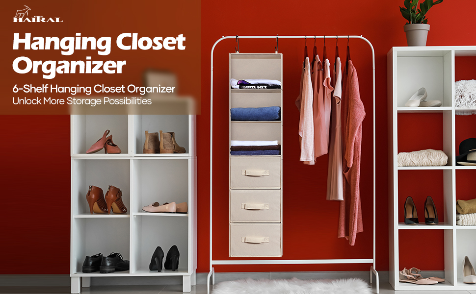 HAITRAL Hanging Closet Organizer 6Shelf Hanging Storage Shelves with 3 Drawers