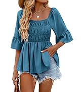 HEYTALALA Womens 3/4 Sleeve Tops Dressy Casual Square Neck Summer Peplum Blouses Ruffle Sleeve Ba...