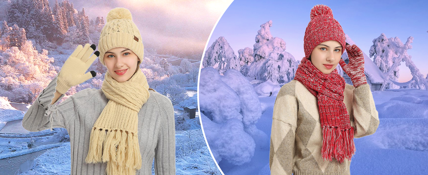 Winter Warm Beanie Hat Scarf and Touchscreen Gloves Set