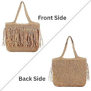woven straw tote bag, fringe straw tote, straw beach bag, wicker beach bag with fringe