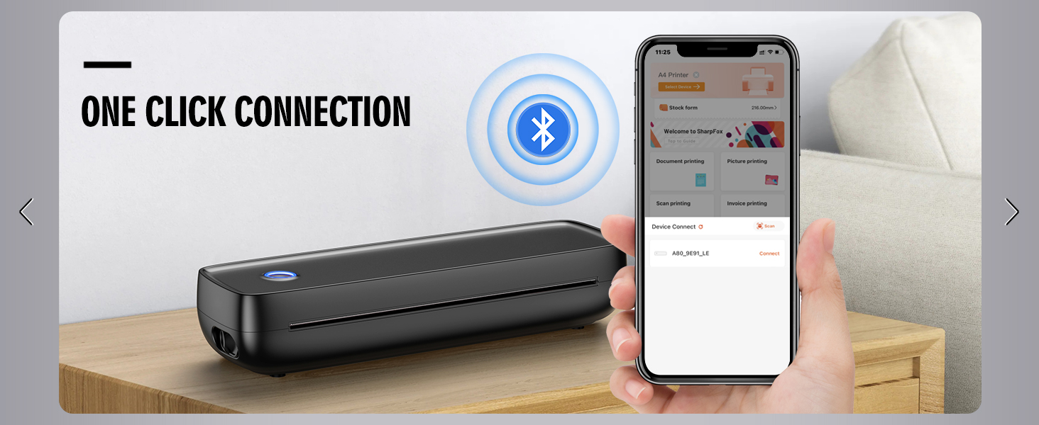 Wireless printer designed for travel, offering quick and easy printing from mobile devices, tablets, or laptops wherever you are