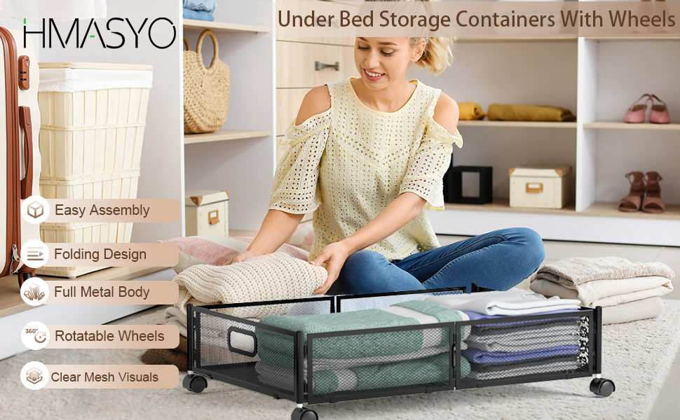 HMASYO Under Bed Storage, 2 Pack Under the Bed Storage Containers with Wheels and