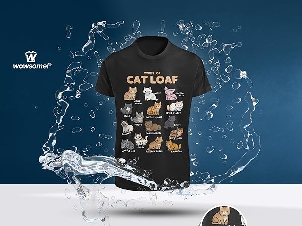 T-shirt with 15 illustrated cat loaves, each labeled with a funny name in a cute cartoon style.