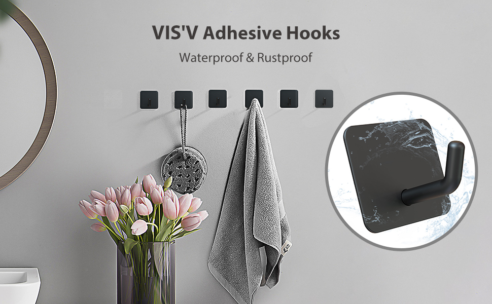 Adhesive Hooks, VIS'V Black Self Adhesive Shower Wall Hooks Waterproof