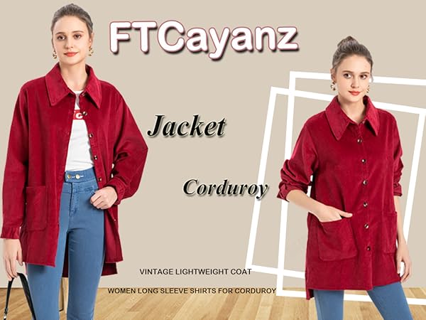 FTCayanz Women's Corduroy Shacket Shirt Jacket Casual Long