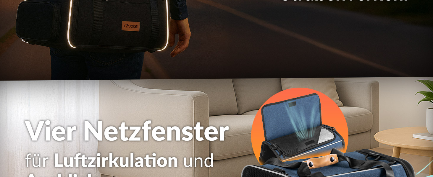 Der Text lautet: „Vier Netzfenster“. Es zeigt Fenster oder Gitterpaneele in einem Produkt, das aussieht, als ob es sich um ein Lager- oder Organisationsprodukt handelt.