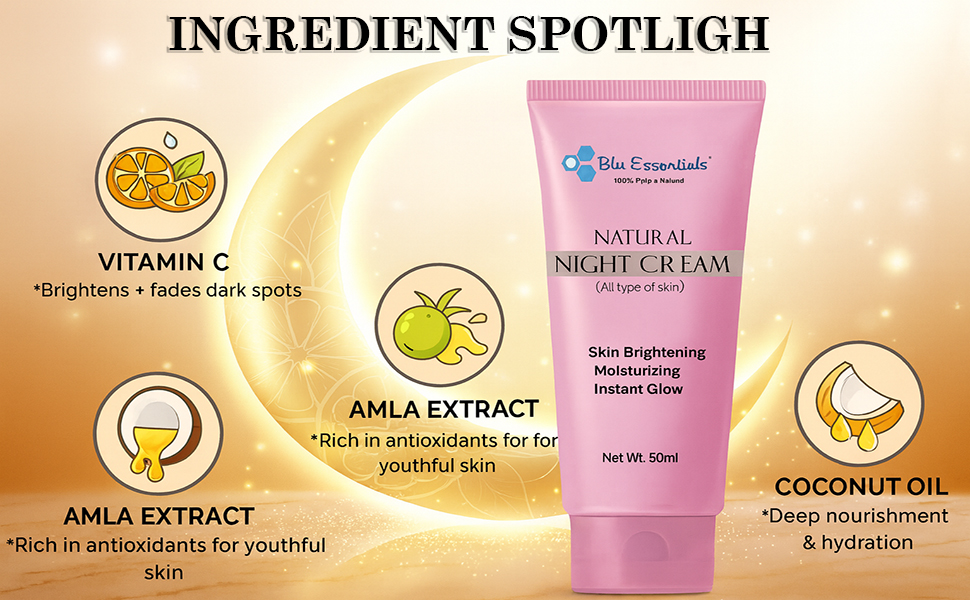 Night cream with Vitamin C, Amla extract, and coconut oil for brightening and hydratio