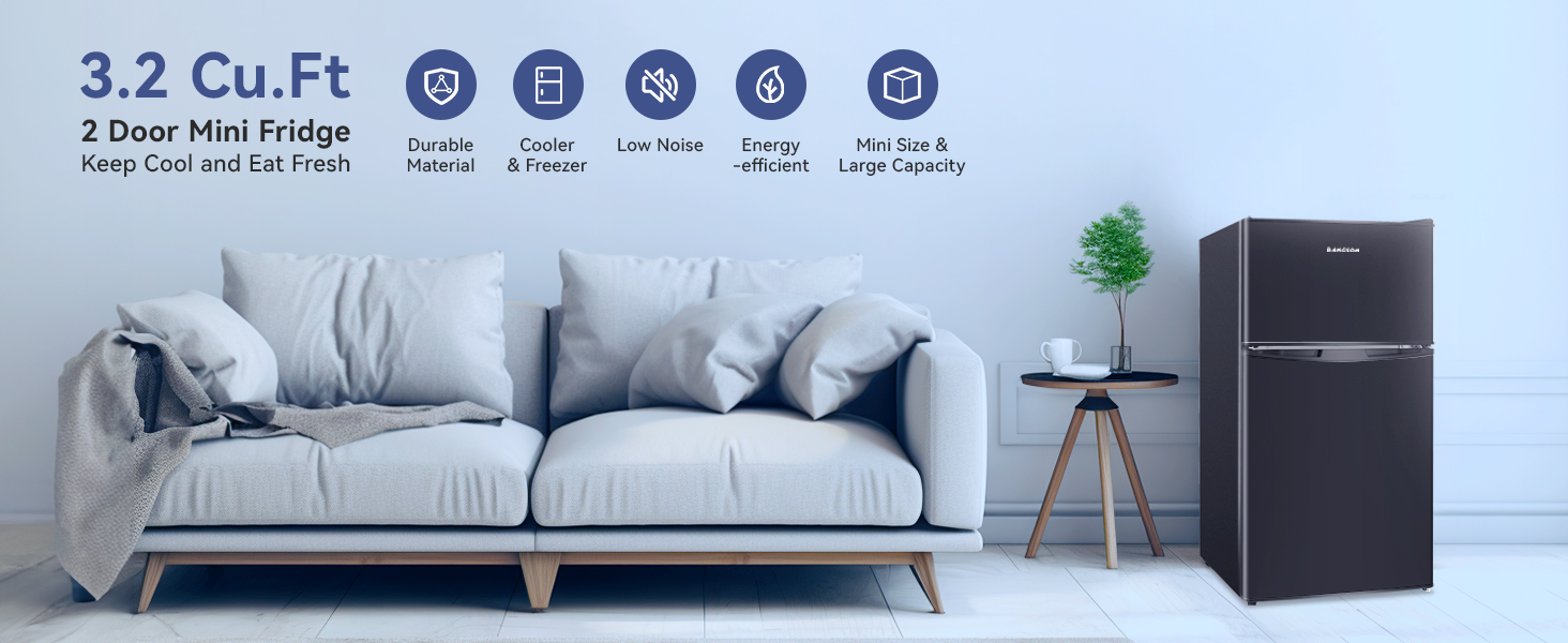 BANGSON Mini Fridge with Freezer, 2 Door Small Refrigerator