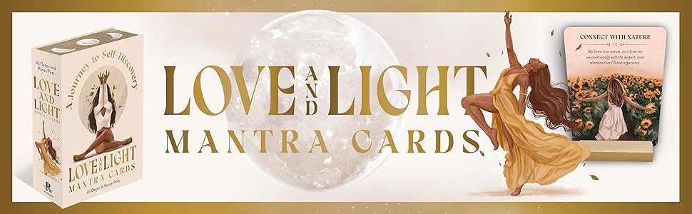 love and light mantra cards banner with 2d box on left and card in stand on right