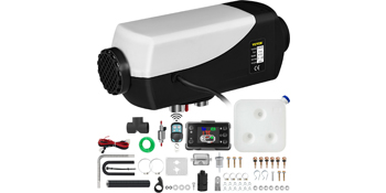 avec divers accessoires, notamment des fils, des supports de montage et un panneau de commande. Design blanc et noir avec forme compacte.