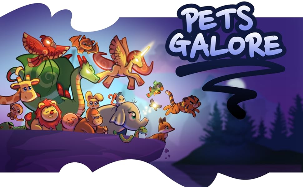 Header Pets Galore: with an image of many pets on a cliff looking into the distance