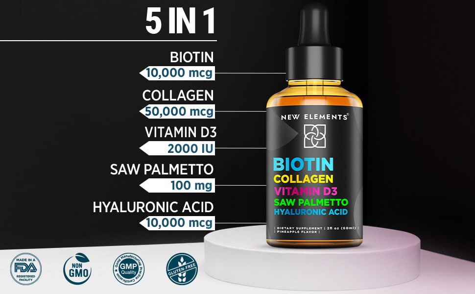 Amazon.com: Liquid Biotin Drops with Collagen Vitamin D3 Saw Palmetto - Dietary Hyaluronic Acid And Saw Palmetto