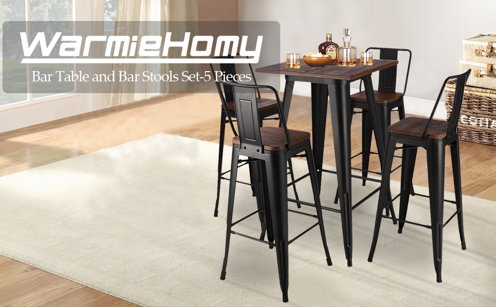 Warmiehomy Bar Table and 4 Chairs Set Breakfast Bar Coffee Counter