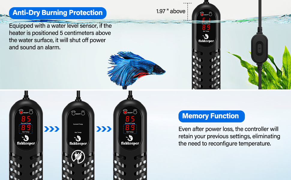 fishkeeper Aquarium Heater, 300W/500W/800W Submersible Fish